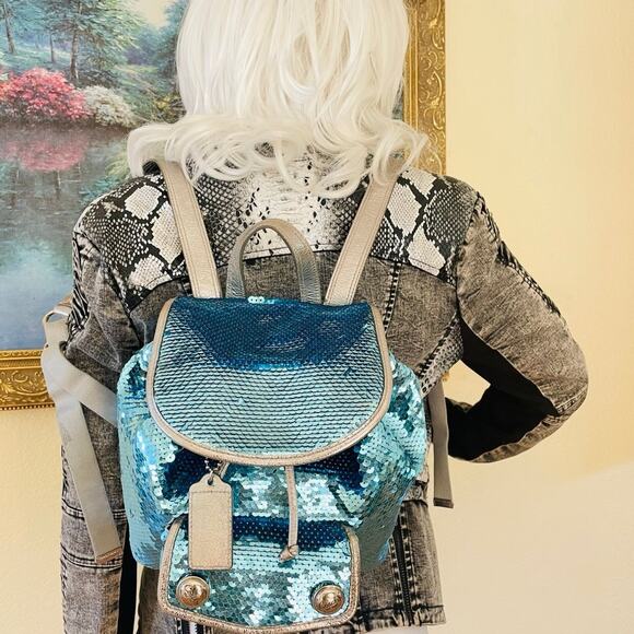COACH Turquoise poppy sequin backpack limited edition 16916 - Picture 3 of 10